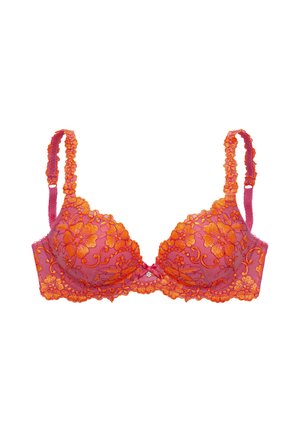Pink bra with orange floral lace embroidery and adjustable ruffled straps on a white background.