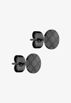 Sorte stiftøreringe med et tekstureret cirkulært design, der har et diamantmønster og små logo-accenter. Fremstillet af poleret metal.