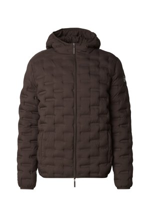 Chaqueta acolchada marrón con diseño acolchado, capucha, cremallera completa, bolsillos laterales y puños elásticos para aislamiento y comodidad.