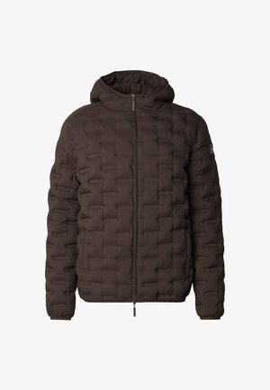 Bruine pufferjas met een doorgestikt ontwerp, capuchon, volledige rits, zijzakken en elastische manchetten voor isolatie en comfort.