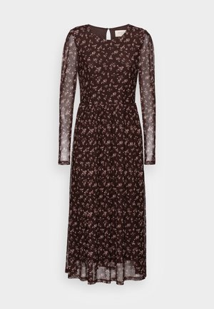 Dark brown midi dress with long sheer sleeves, round neckline, and small pink floral pattern throughout.