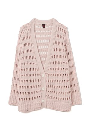 Hellrosa gestrickte Strickjacke mit offenem Gewebemuster, V-Ausschnitt, langen Ärmeln und vier weißen Knöpfen an der Vorderseite. Strukturierter und lockerer Schnitt.