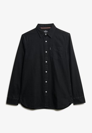 Black long-sleeve button-up shirt with collar and single chest pocket, laid flat against a white background.
