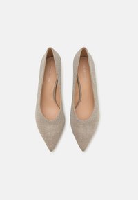 Beige pointed-toe pumps with a textured upper and smooth interior. Features a low-cut vamp and a slender heel design.