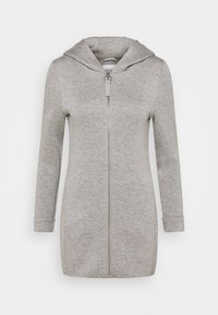 Felpa grigia con zip e cappuccio, realizzata in tessuto morbido, con maniche lunghe e cerniera a tutta lunghezza. Senza tasche o abbellimenti aggiuntivi.