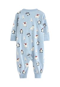 Light blue one-piece jumpsuit featuring penguins and polar bears in winter attire, with elastic cuffs and a soft fabric texture.