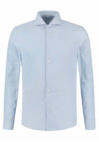 Lichtblauw en wit gestreept overhemd met knoopsluiting, gemaakt van katoen, met een klassieke kraag en lange mouwen met knoopmanchetten.