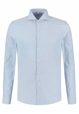 Lichtblauw en wit gestreept overhemd met knoopsluiting, gemaakt van katoen, met een klassieke kraag en lange mouwen met knoopmanchetten.