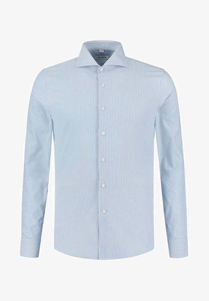 Lichtblauw en wit gestreept overhemd met knoopsluiting, gemaakt van katoen, met een klassieke kraag en lange mouwen met knoopmanchetten.