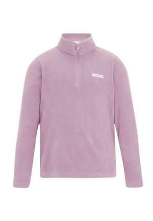 Soft lavender fleece pullover with a quarter zip and stand-up collar, featuring a small white Regatta Outdoors logo on the left chest.