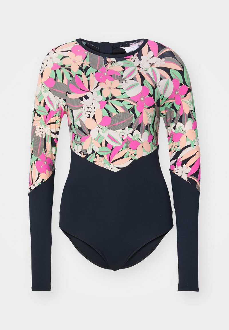Badpak met lange mouwen, featuring een veelkleurig bloemenpatroon aan de bovenkant en een effen marineblauwe onderkant; gemaakt van rekbare, gladde stof.