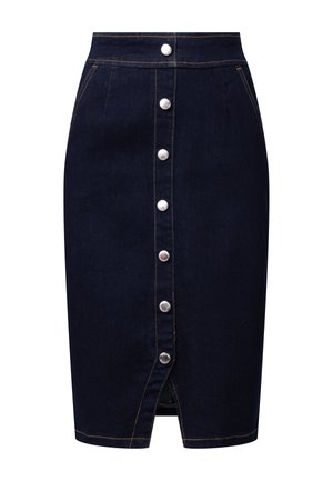 Tmavě modrá džínová sukni v úzkém střihu s předním zapínáním na knoflíky, dvěma bočními kapsami a částečně otevřeným rozparkem na spodním okraji. Viditelné kontrastní švy.