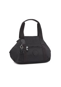 Black fabric handbag with short straps, rounded shape, zip closure, front pocket, and rubber charm detail. Logo badge on side.