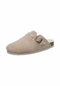 Beige suede slip-on shoe with a smooth texture, adjustable buckle accent, soft interior lining, and a flexible rubber sole.