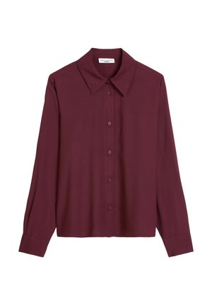 Burgunderfarbene Button-down-Bluse mit spitzem Kragen, langen Ärmeln und lockerer Passform. Hergestellt aus glattem Stoff und mit sechs passenden Knöpfen ausgestattet.