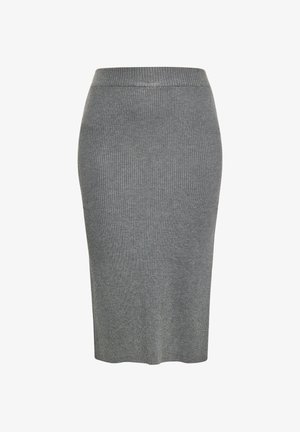 Szürke bordás kötött ceruzaszoknya, mely testhezálló fazonú és rugalmas derékkal rendelkezik, sima textúrával és térd hosszúságú kivitelezéssel.