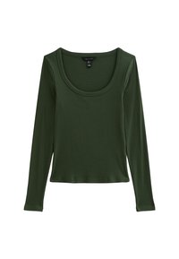 Langarmtop in donkergroen, gemaakt van ribbelstof met een ronde halslijn en rechte zoom. Heeft een aansluitende silhoutte.