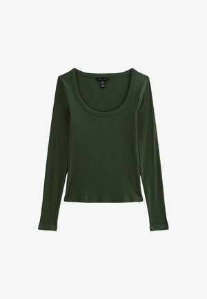 Long-sleeve top in dark green, made of ribbed fabric with a scoop neckline and straight hem. Features a fitted silhouette.