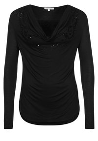 Schwarzes Langarmshirt mit einem gerafften Ausschnitt, das mit verzierten Blumenmustern und Pailletten auf der Vorderseite versehen ist, aus einem glatten Stoff gefertigt.