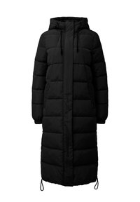 Lang zwart gewatteerd winterjas met capuchon, voorrits bedekt door een flap, elastische manchetten en verstelbare koorden aan de onderkant en capuchon.