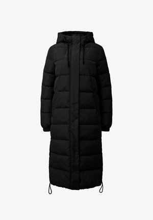 Langer schwarzer gesteppten Wintermantel mit Kapuze, Frontreißverschluss, der von einem Klappenüberzug verdeckt ist, elastischen Bündchen und verstellbaren Kordeln am Saum und an der Kapuze.