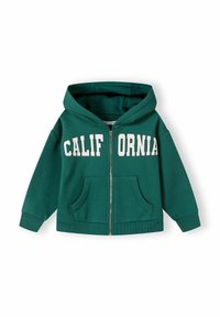 Haut à zip vert avec "CALIFORNIA" en lettres blanches, avec une capuche, des poches avant et des poignets côtelés. Tissu doux, design décontracté.