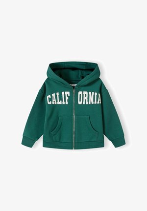 Zöld, cipzáros kapucnis pulóver, amelyen fehér betűkkel a "CALIFORNIA" felirat található. Kapucnival, elülső zsebekkel és bordázott mandzsettákkal rendelkezik. Puha anyag, laza dizájn.