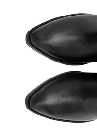 Botas de cuero negro hasta el tobillo con puntera puntiaguda, textura suave, detalles de costura a lo largo de los bordes y un diseño minimalista.