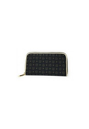 Portafoglio nero con cerniera, caratterizzato da un motivo logo ripetuto, dettagli dorati e tessuto testurizzato. Design slim con bordi a contrasto.