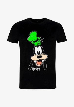 Czarna bawełniana koszulka z dużym nadrukiem Goofiego w zielonej czapce, z białymi akcentami i imieniem "Goofy" napisanym białym pismem.