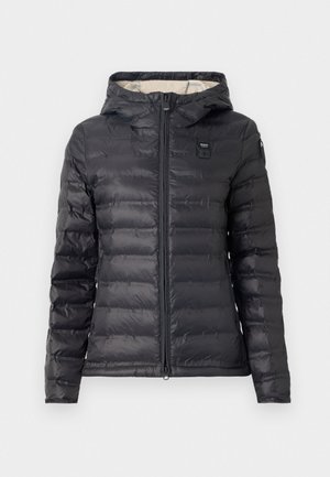 Black padded jacket with a hood, featuring a full zipper, horizontal stitching, and a small logo on the upper left side. Smooth texture.