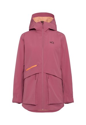 Giacca con cappuccio resistente all'acqua di colore malva, con vita stretta, due tasche con zip, dettagli arancioni e un tessuto liscio e leggero.