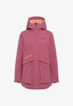 Wasserabweisende, kapuzenjacke in Mauve mit tailliertem Schnitt, zwei Reißverschlusstaschen, orangefarbenen Akzenten und einem glatten, leichten Stoff.