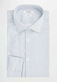 Witte overhemdd met blauwe verticale strepen, knoopsluiting en een gespreide kraag. Stof lijkt glad en lichtgewicht. Merkenlabel zichtbaar.