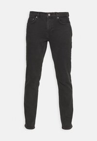 Jeans de mezclilla negra con corte ajustado, que cuentan con una bragueta de botones, cinco bolsillos y sutiles detalles de costura. Diseño clásico de pierna recta.