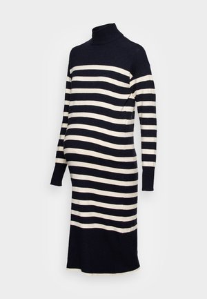 Abito a righe in blu navy e avorio, con colletto alto, maniche lunghe e silhouette aderente progettata per l'abbigliamento premaman.