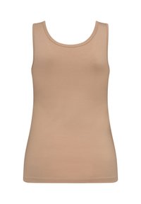 Beige tanktop lavet af glat stof, med rund halsudskæring, uden ærmer og med lige kant. Enkel design uden mønstre eller detaljer.
