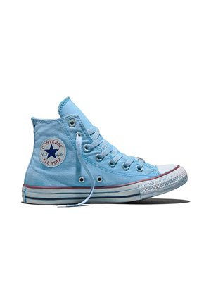 Zapatilla Converse All Star de caña alta de color azul claro con suela de goma blanca y cordones, mostrando parche con el logo en el tobillo sobre fondo blanco.