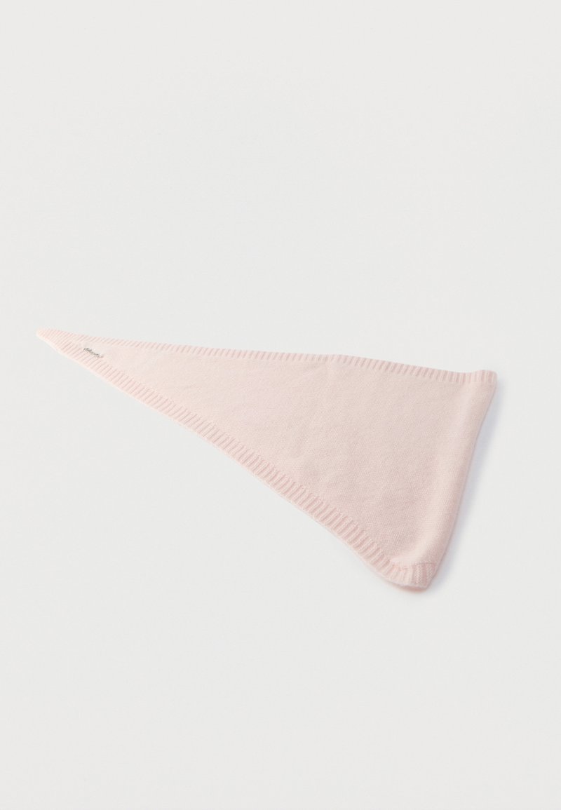 Écharpe rose en forme de triangle, faite de tissu doux avec un bord côtelé. Texture légère et lisse, conçue pour un usage d écontracté.