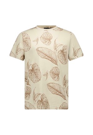 Crèmekleurig T-shirt met korte mouwen, bedrukt met bruine botanische bladeren; zachte katoenen stof, klassieke ronde hals.