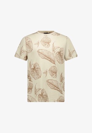Crèmekleurig T-shirt met korte mouwen, bedrukt met bruine botanische bladeren; zachte katoenen stof, klassieke ronde hals.