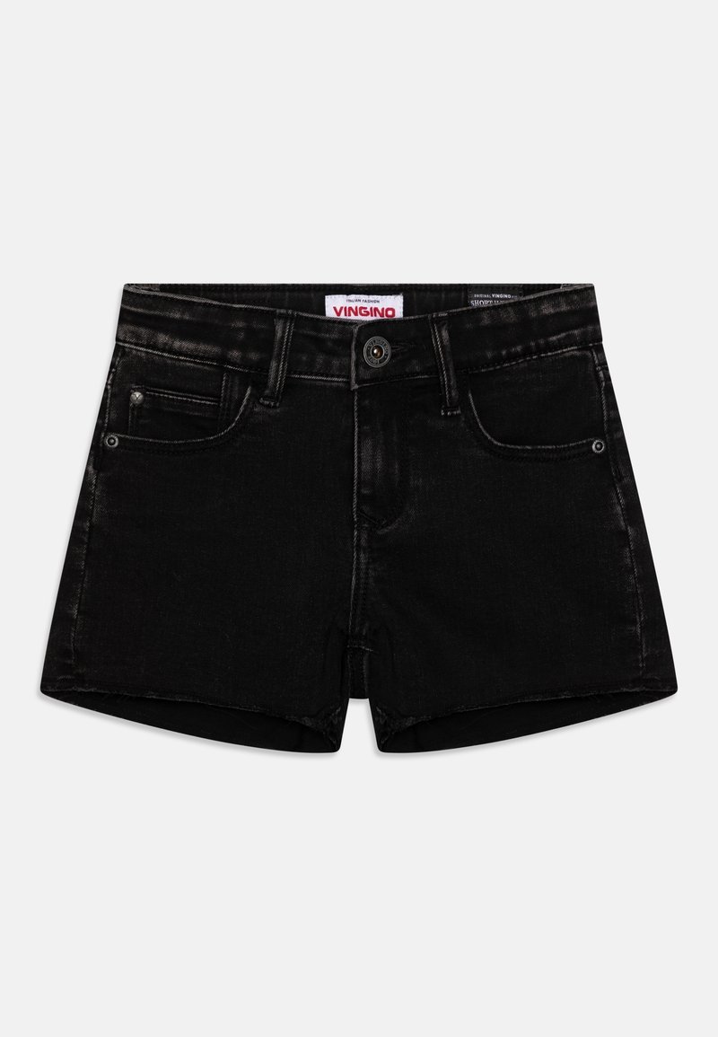 Shorts en denim noir avec bouton à l'avant, passants pour ceinture, deux poches avant et une étiquette de la marque Vingino à l'intérieur de la ceinture.