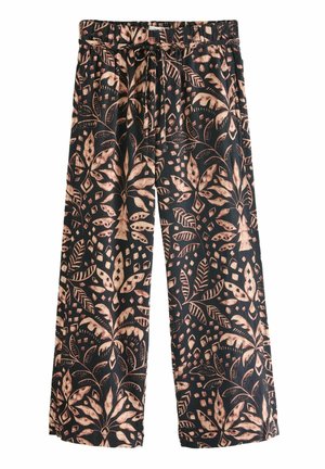 Schwarze Hose mit floralem Muster in Beigetönen, mit relaxed Fit, elastischem Bund und weitem Bein, aus leichtem Stoff gefertigt.