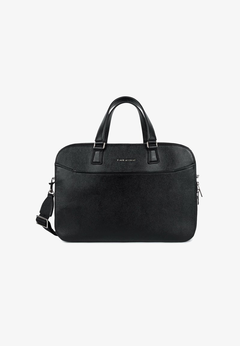 Mallette en cuir noir avec doubles poignées, bandoulière amovible et poche avant zippée, adaptée à un usage professionnel ou pour le voyage.