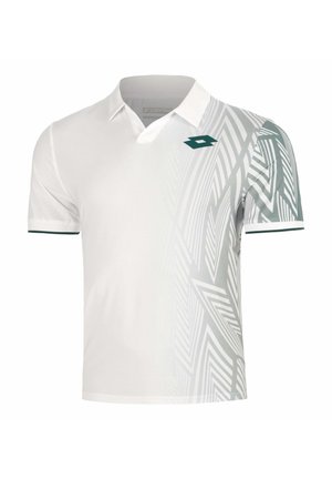 Polo bianca a maniche corte con motivo geometrico grigio sul lato destro e logo verde scuro sul petto sinistro.