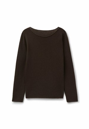 Brązowy sweter z dzianiny z okrągłym dekoltem i długimi rękawami. Tkanina ma miękką fakturę i lekko luźny fason.