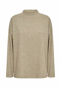 Leicht beigefarbenes, geripptes Sweatshirt mit hohem Kragen, langen Ärmeln und lockerer Passform. Hergestellt aus strukturiertem Stoff mit sanften Farbtönen.