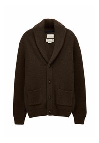 Barna kötött kardigán sálgallérral, elülső gombokkal és két elülső zsebbel. Bordás textúrájú és hosszú ujjú.