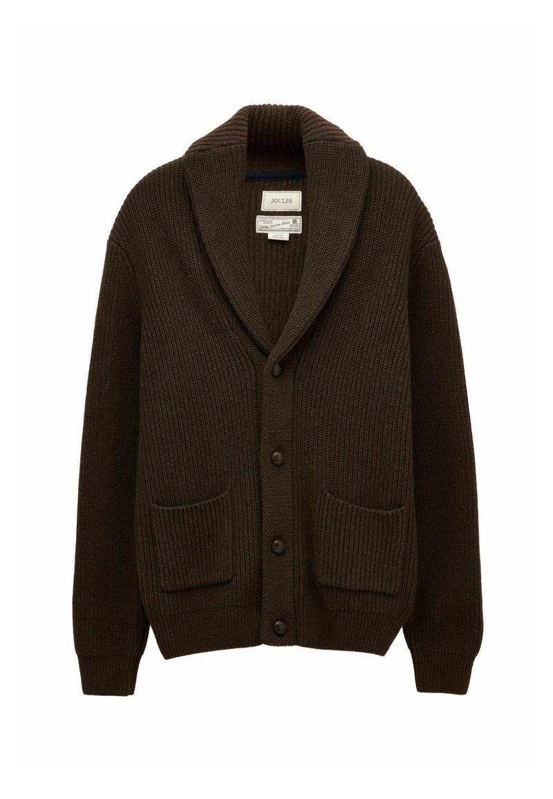 Barna kötött kardigán sálgallérral, elülső gombokkal és két elülső zsebbel. Bordás textúrájú és hosszú ujjú.