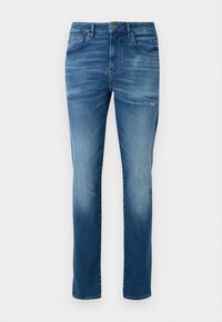 Kék, kopott slim fit farmernadrág, gombos és cipzáras záródással, elülső és hátsó zsebekkel, valamint enyhe kopással a jobb combon.